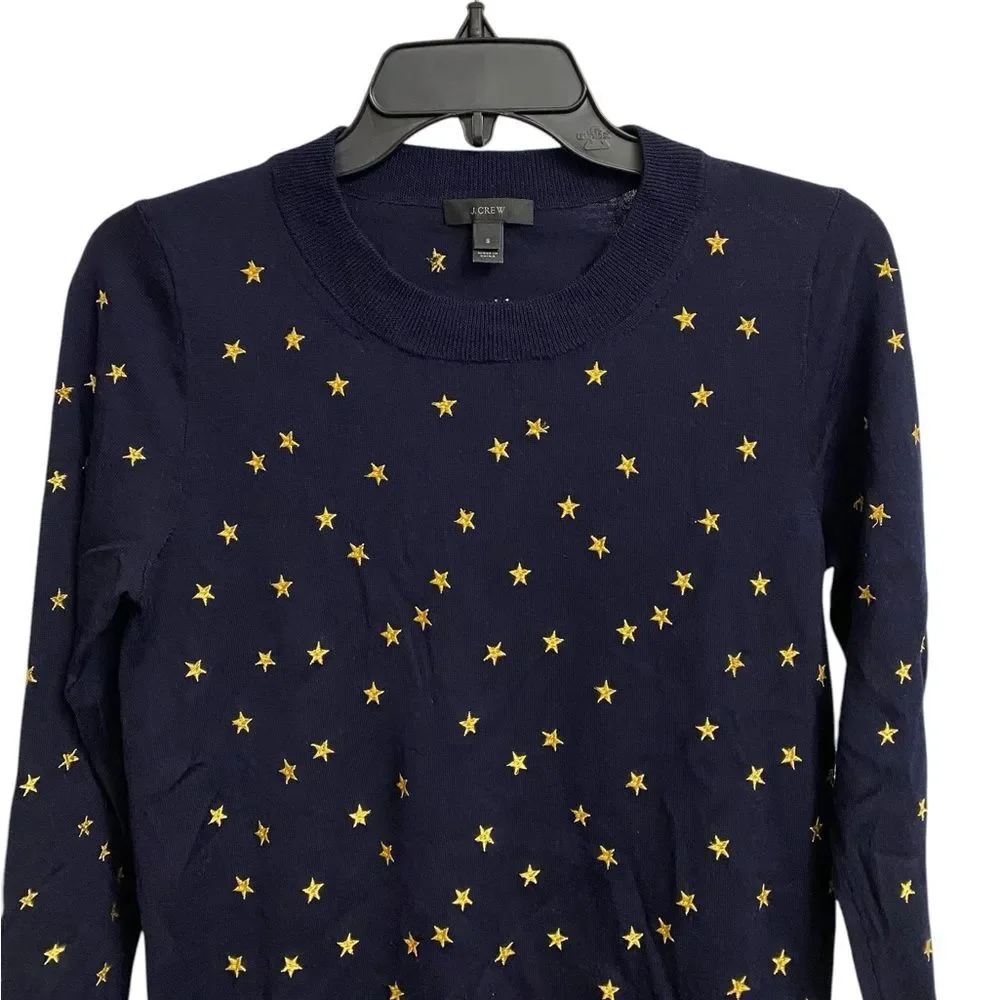 J. Crew Star Embroidered Merino Wool Sweater Women's S Navy Lightweight Preppy